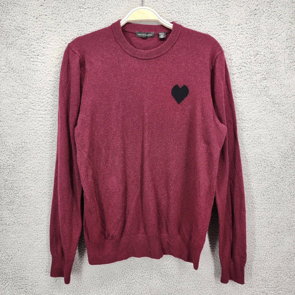 Saks Fifth Avenue Merino Wool Cashmere Heart Patch Sweater Burgundy Red Large